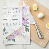 2026 Kalender Waterverf Paarse botanische groen Theedoek (Quarter Fold)