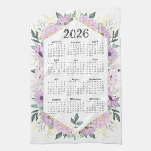 2026 Kalender Waterverf Paarse botanische groen Theedoek