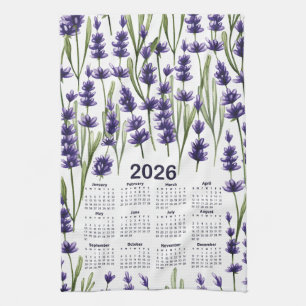 2026 Kalender Waterverf Paarse Lavendelbloemen Theedoek