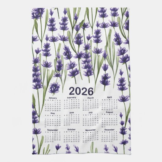 2026 Kalender Waterverf Paarse Lavendelbloemen Theedoek (Verticaal)