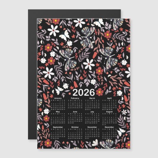 2026 Kalender Whimsical Floral & Butterfly Black (Voorkant / Achterkant)