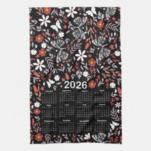 2026 Kalender Whimsical Floral & Butterfly Black Theedoek