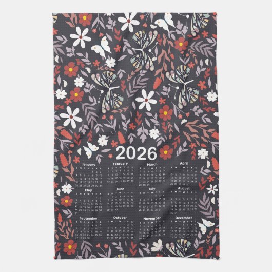 2026 Kalender Whimsical Floral en Butterfly Theedoek (Verticaal)
