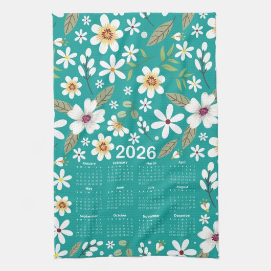 2026 Kalender Witte Bloemen Patroon Theedoek (Verticaal)