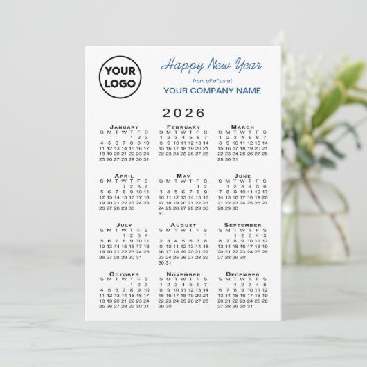 2026 Kalender Zakelijk Logo Blauw Wit Gingham Feestdagenkaart (Staand voorkant)