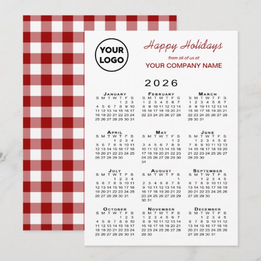 2026 Kalender Zakelijk Logo Rood Wit Gingham Feestdagenkaart (Voorkant / Achterkant)