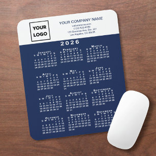 2026 Kalender Zakelijk Logo Tekst Marineblauw Wit Muismat