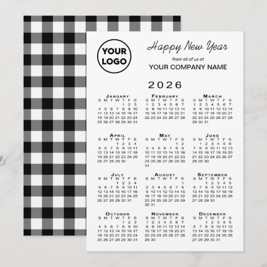 2026 Kalender Zakelijk Logo Zwart Wit Gingham Feestdagenkaart (Voorkant / Achterkant)
