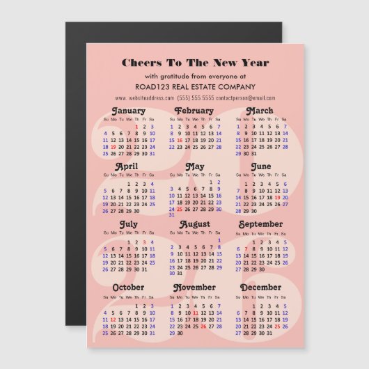 2026 Kalender Zakelijk Roze Minimalistische Magnet (Voorkant / Achterkant)