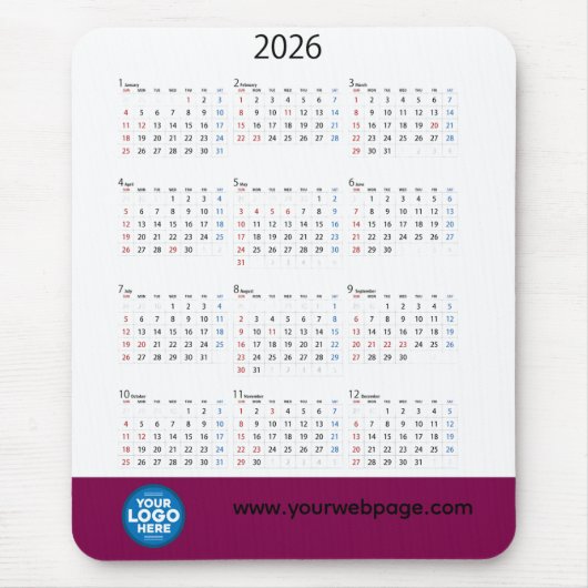2026 Kalender Zakelijke Logo Muismat (Voorkant)