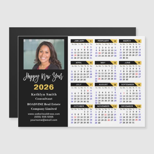 2026 Kalender Zwart Goud Bedrijfsfoto Magnetisch (Voorkant / Achterkant)