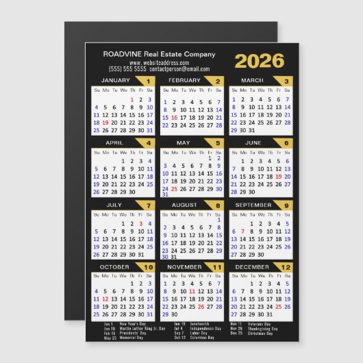 2026 Kalender Zwart Goud Modern Zakelijk Magnetisc (Voorkant / Achterkant)