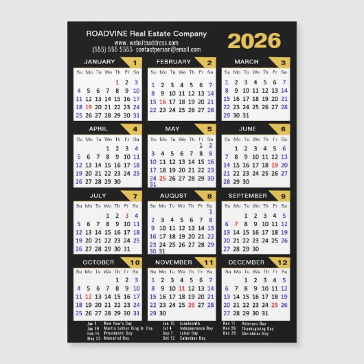 2026 Kalender Zwart Goud Modern Zakelijk Magnetisc (Voorkant)