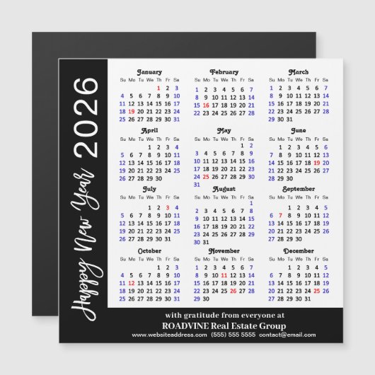 2026 Kalender Zwart Wit Corporate Magnetische Kaar (Voorkant / Achterkant)