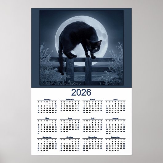 2026 Kalender Zwarte Kat op een hek met volle maan Poster (Voorkant)