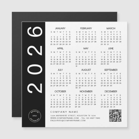 2026 Kalender Zwarte Tekst QR Code Bedrijf Logo (Voorkant / Achterkant)