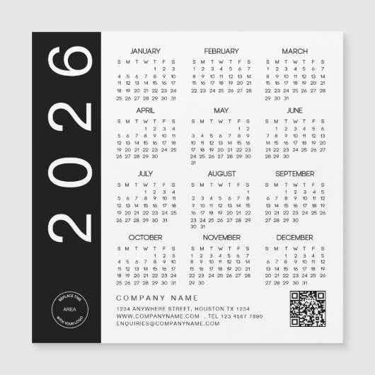 2026 Kalender Zwarte Tekst QR Code Bedrijf Logo (Voorkant)