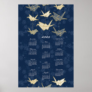 2026 Kalendergrafiek Origami Kraanvogels Blauw en  Poster
