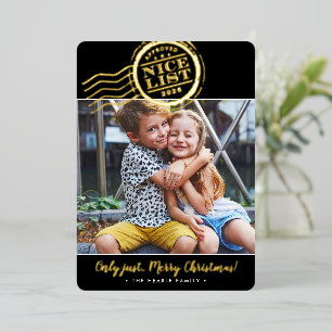 2026 KERSTFOTO schattige Nice List stempel zwart Folie Feestdagenkaart