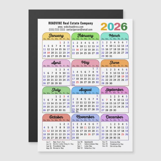 2026 Kleurenkalender US Feestdagen Corporate Magne (Voorkant / Achterkant)
