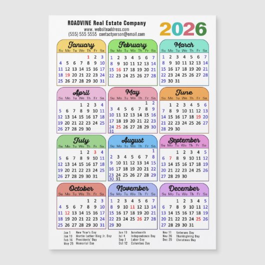 2026 Kleurenkalender US Feestdagen Corporate Magne (Voorkant)