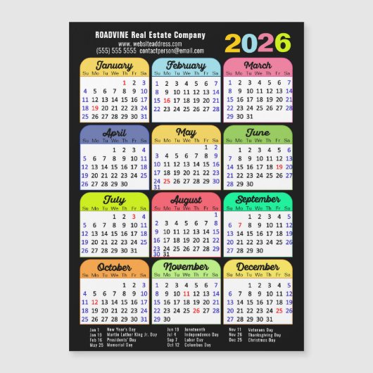 2026 Kleurenkalender US Feestdagen Corporate Magne (Voorkant)