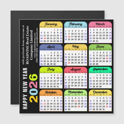 2026 Kleurkalender Modern Zwart Zakelijk Magneet (Voorkant / Achterkant)