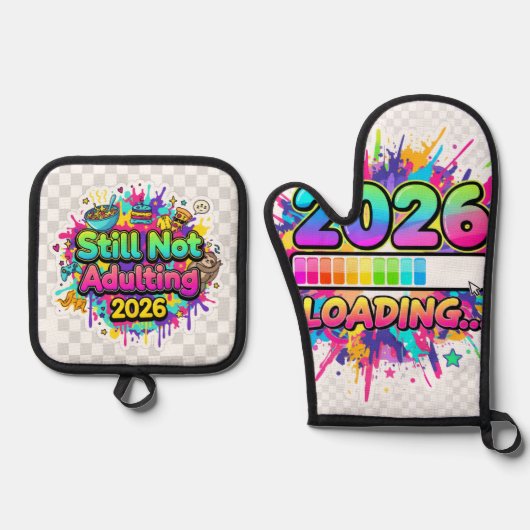 2026 Laden... Voortgangsbalk Sticker Ovenwant & Pannenlap Set (Voorkant)