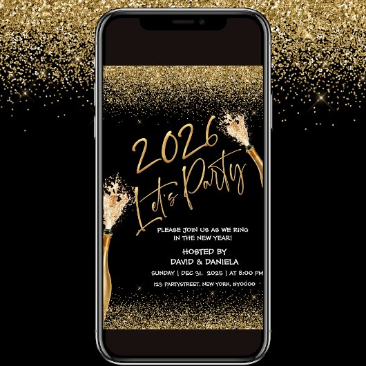 2026 Lets Party Black Gold New Year Invitation Kaart