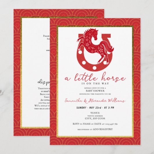 2026 Little Horse Floral Horseshoe Red Baby Shower Kaart (Voorkant / Achterkant)