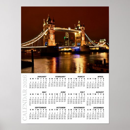 2026 London Calendar, Tower Bridge at Night / UK Poster (Voorkant)