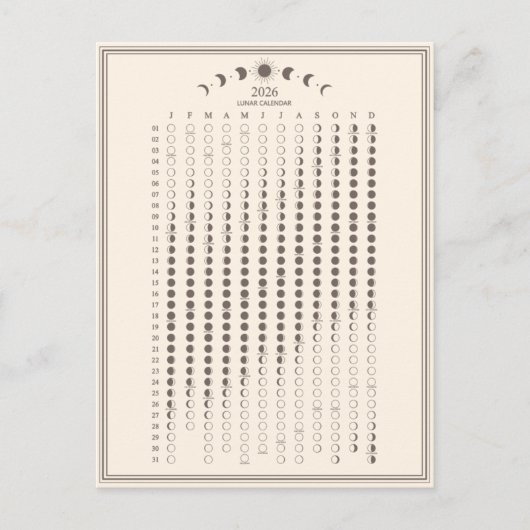 2026 Maanfase Lunar Cycles Kalender Minimalist Briefkaart (Voorkant)