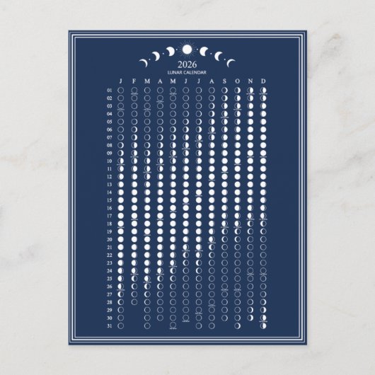 2026 Maanfase Maancyclus Kalender Minimalistisch Briefkaart (Voorkant)