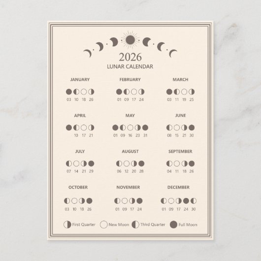 2026 Maanfasekalender Lunar Cycles Minimalist Briefkaart (Voorkant)