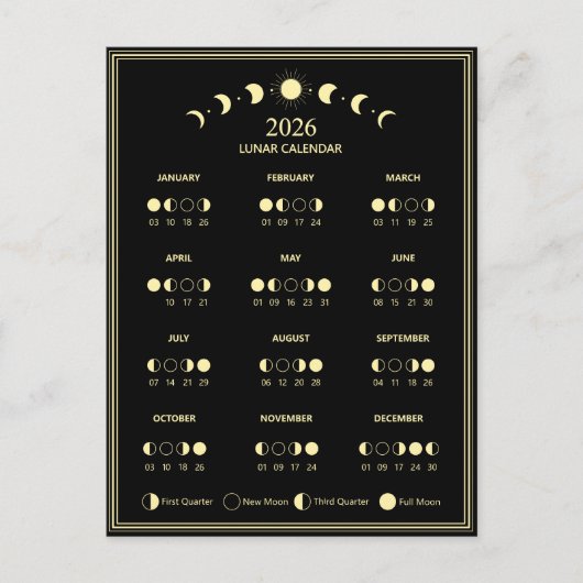 2026 Maanfasekalender Lunar Cycles Minimalist Briefkaart (Voorkant)