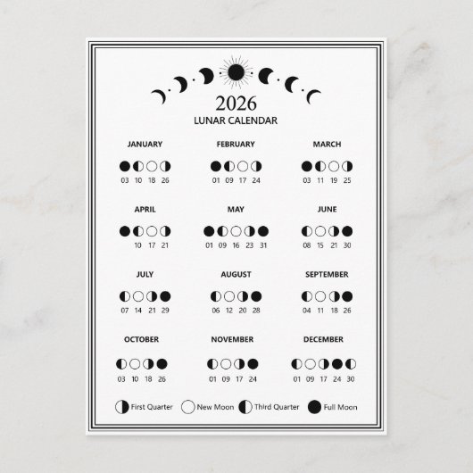 2026 Maanfasekalender Maancyclus Minimalistisch Briefkaart (Voorkant)