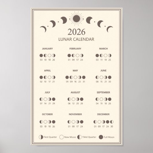 2026 Maanfasekalender Maancyclus Minimalistisch Poster (Voorkant)
