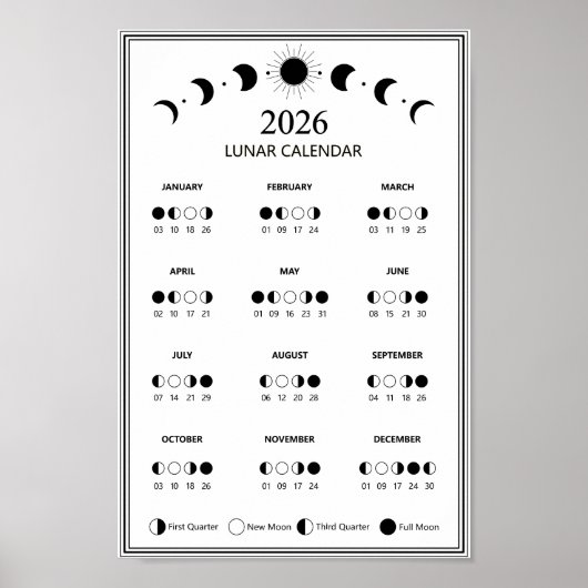 2026 Maanfasekalender Maancyclus Minimalistisch Poster (Voorkant)