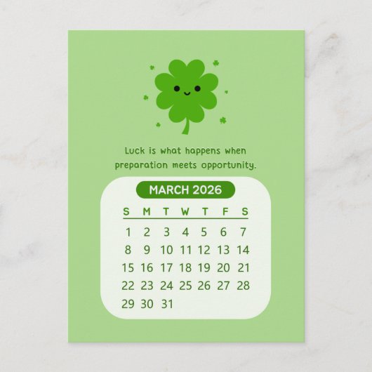 2026 Maart Maandelijkse Kawaii Motivatie Kalender Briefkaart (Voorkant)
