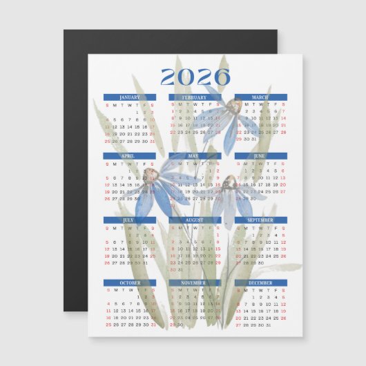2026 Magnetische Kalender - Blauwe Daisies Aquarel (Voorkant / Achterkant)