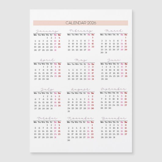 2026 Magnetische kalender Kaart (Voorkant)