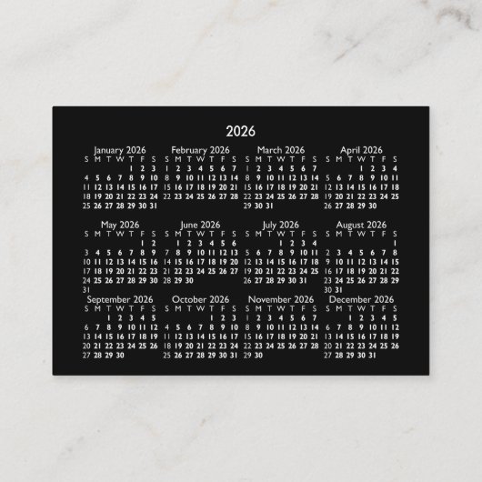 2026 Mini POCKET Calendar SUNDAY Start BLACK Visitekaartje (Achterkant)