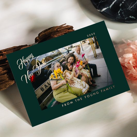 2026 Minimalist Modern Script Green Photo Folie Feestdagenkaart