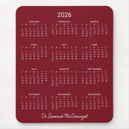 2026 Minimalistische Bourgogne Rode Kalender Muismat (Voorkant)