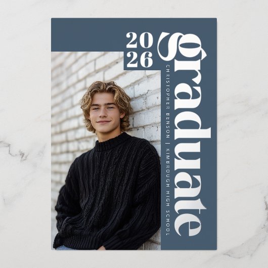 2026 Modern Blue 4 Photo Graduation Silver Folie Uitnodiging (Voorkant)