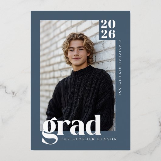 2026 Modern Blue 4 Photo Graduation Silver Folie Uitnodiging (Voorkant)