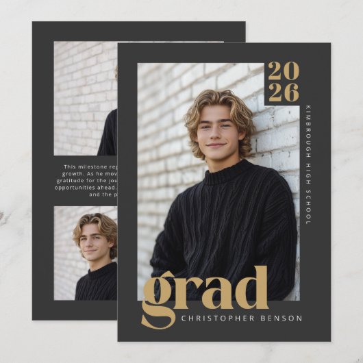 2026 Modern Houtskool en Warm Goud Afstuderen Kaart (Voorkant / Achterkant)