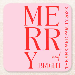 2026 Modern Kerstmis Merry and Bright Rood Roze Kartonnen Onderzetters