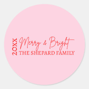2026 Modern Kerstmis Rood Roze Merry and Bright Ronde Sticker
