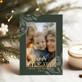 2026 Modern Minimalist Damask Typography Green Folie Feestdagenkaart